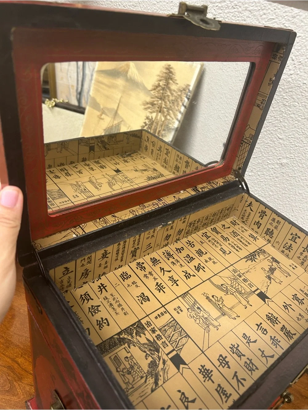 vintage Chinese-style red lacquered wooden jewelry chest ornate brass-toned